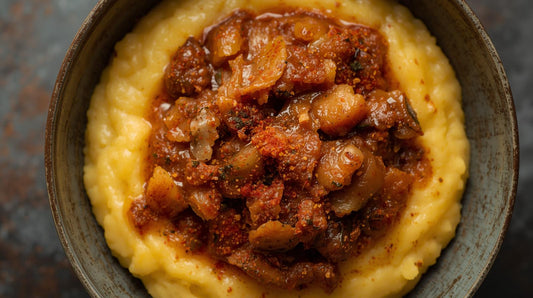 Cremige Polenta mit Paprika-Zwiebel-Ragù aus getrocknetem Gemüse