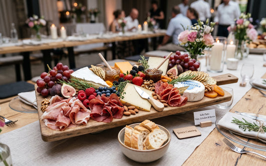 Kalte Platte mit feinem Käse, Schinken und frischen Beeren für Catering
